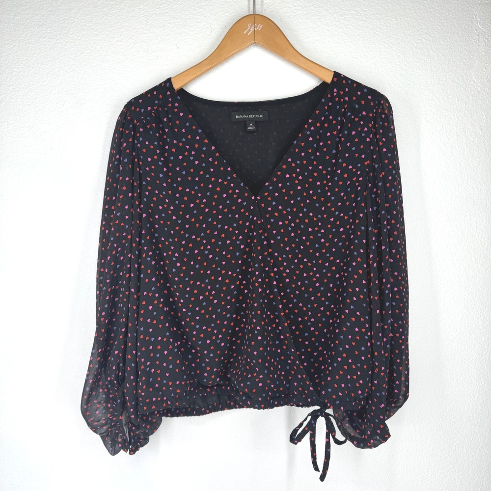 Banana Republic Womens Heart All Over Print Top Size M Balloon Sheer Sleeves Bow